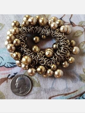 Heavy Gold Tone Champagne Glass Faux Pearls Stretch Vintage Cha Cha Bracelet